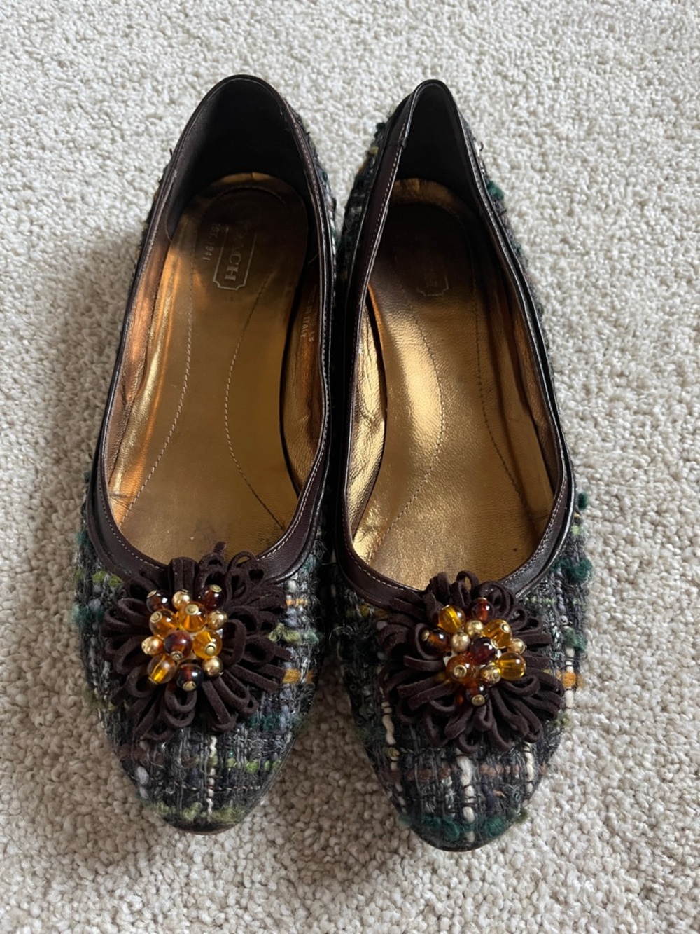 Coach | Brown Tweed Floral Bead Embellished Flats